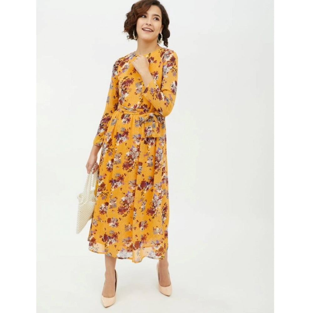 PKRKART Women's Polyester Floral Long Sleeves Calf-length Dress (Multicolor)
