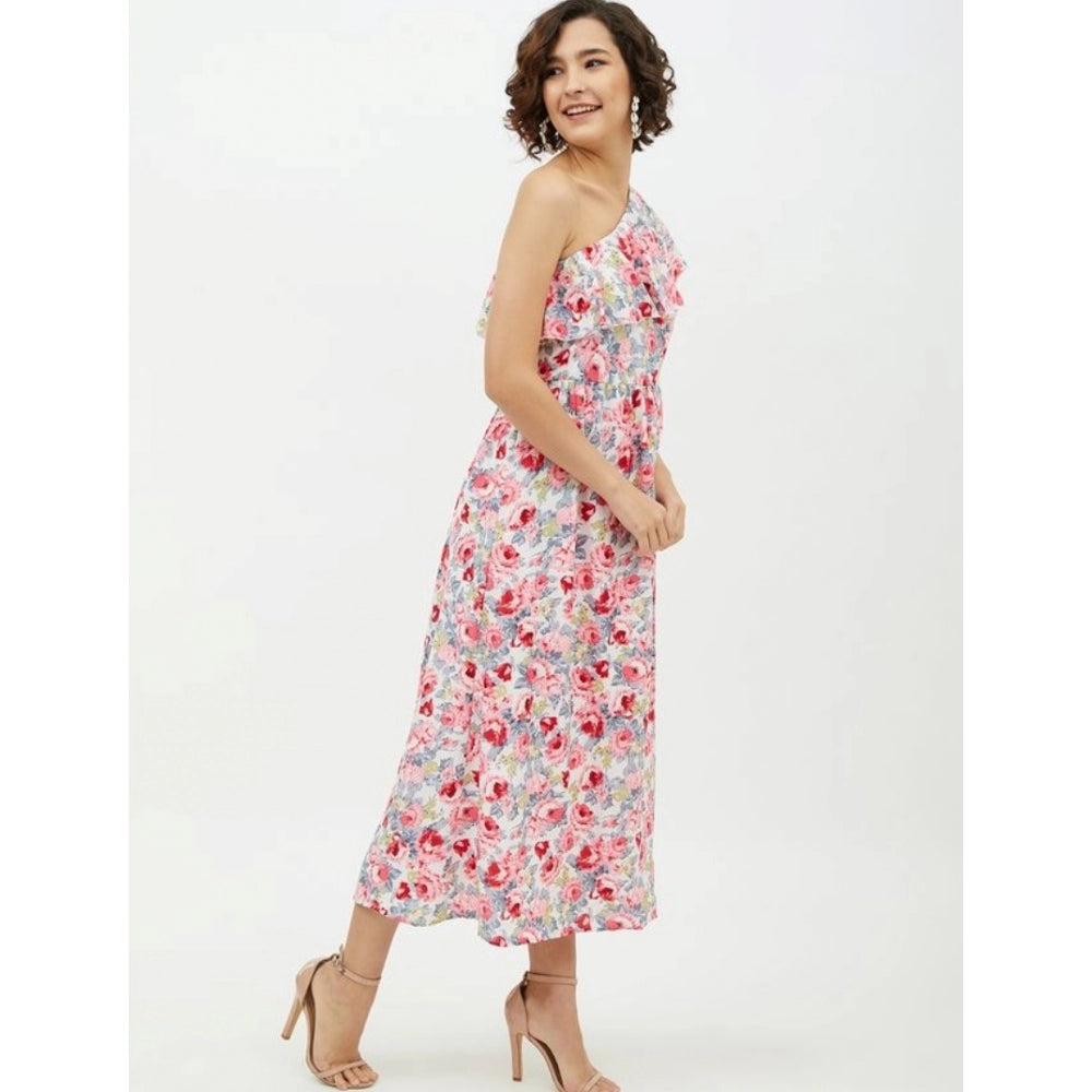 PKRKART Women's Polyester Floral One Shoulder Calf-length Dress (Multicolor)