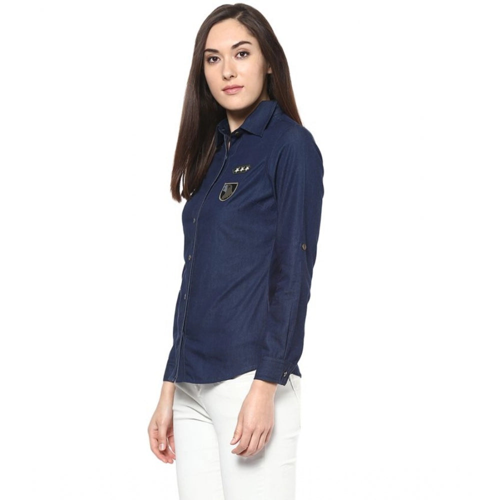 PKRKART Women's Denim Patch Work Long Sleeves Standard Length Shirt (Blue)