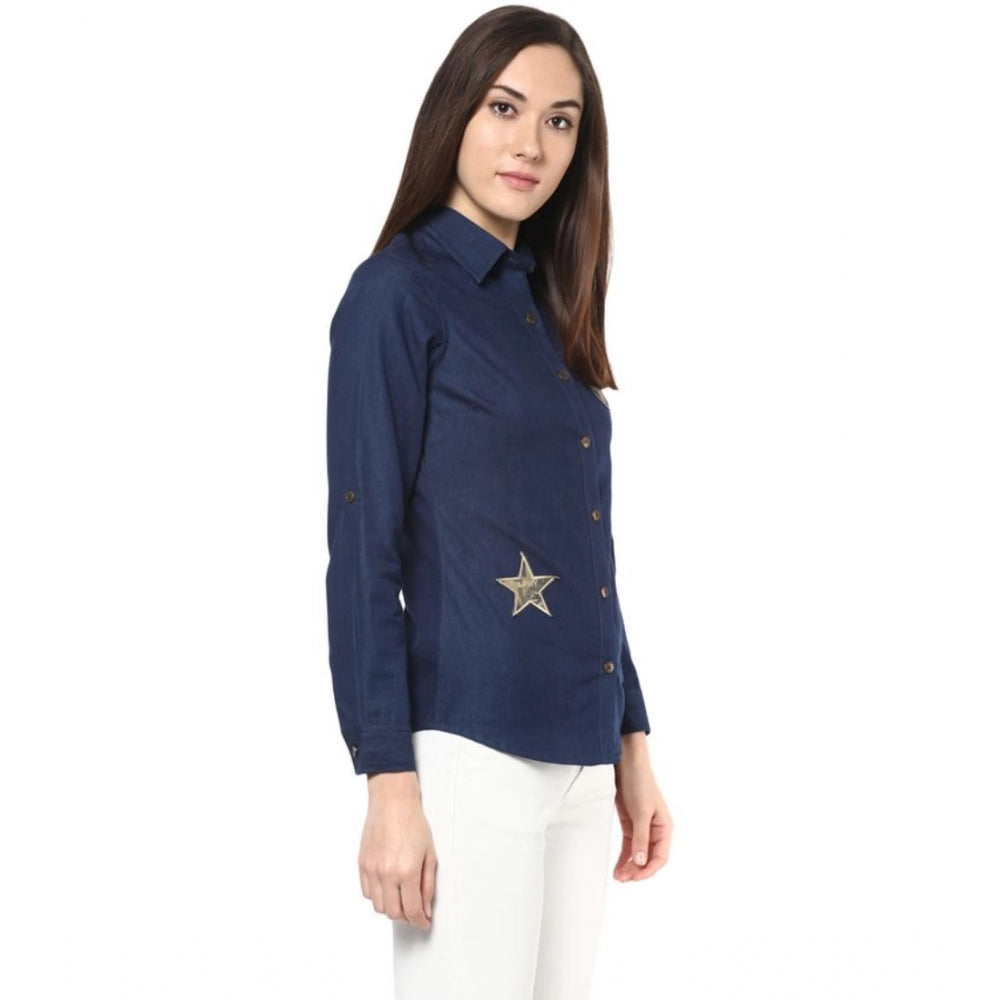 PKRKART Women's Denim Patch Work Long Sleeves Standard Length Shirt (Blue)