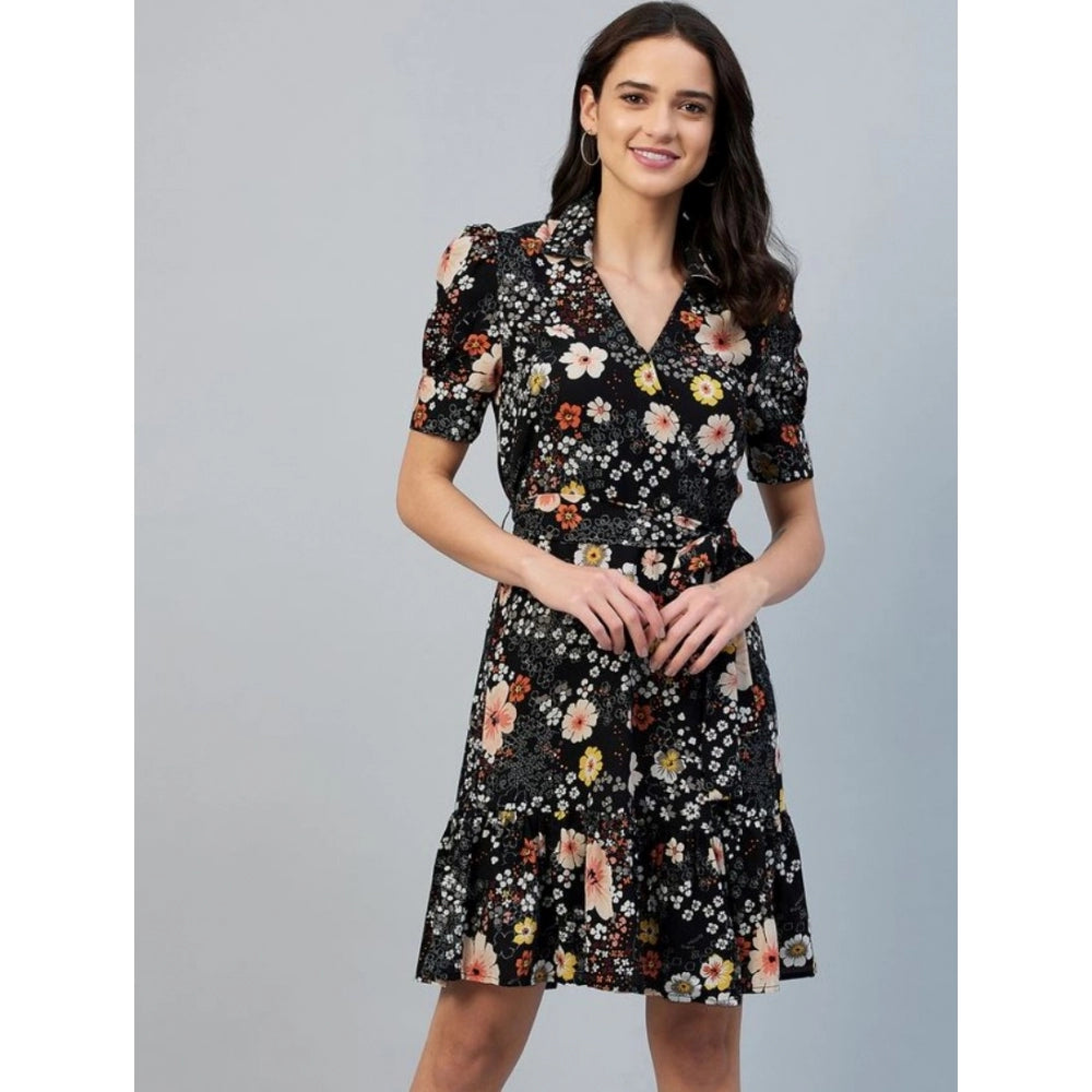 PKRKART Women's Polyester Floral Short Sleeve Above Knee Dress (Black)