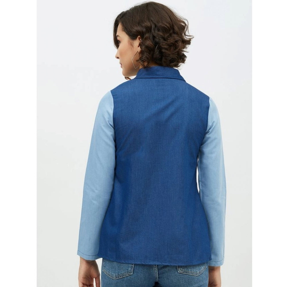 PKRKART Women's Denim Patch Work Long Sleeves Standard Length Shirt (Blue)