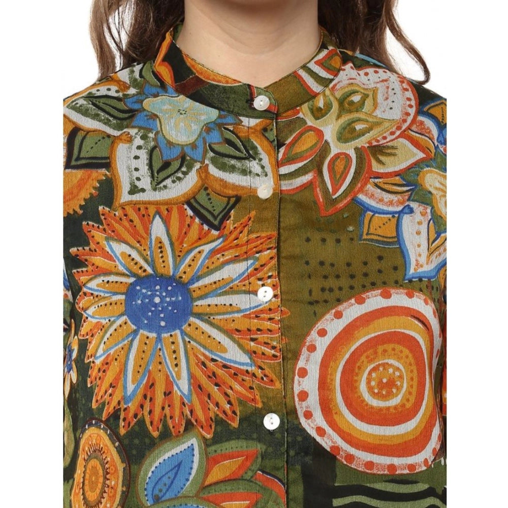 PKRKART Women's Polyester Floral Balloon Sleeve Top (Mustard - Olive)