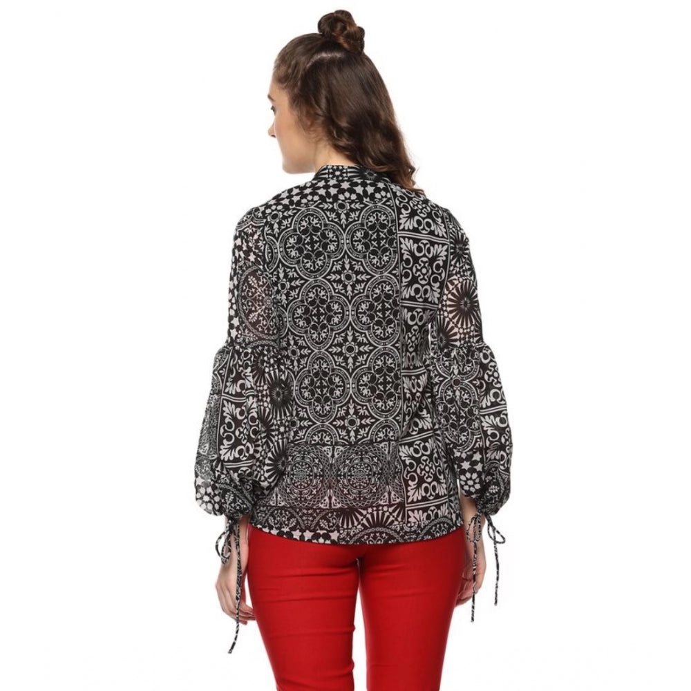 PKRKART Women's Polyester Printed Balloon Sleeve Top (Black - White)