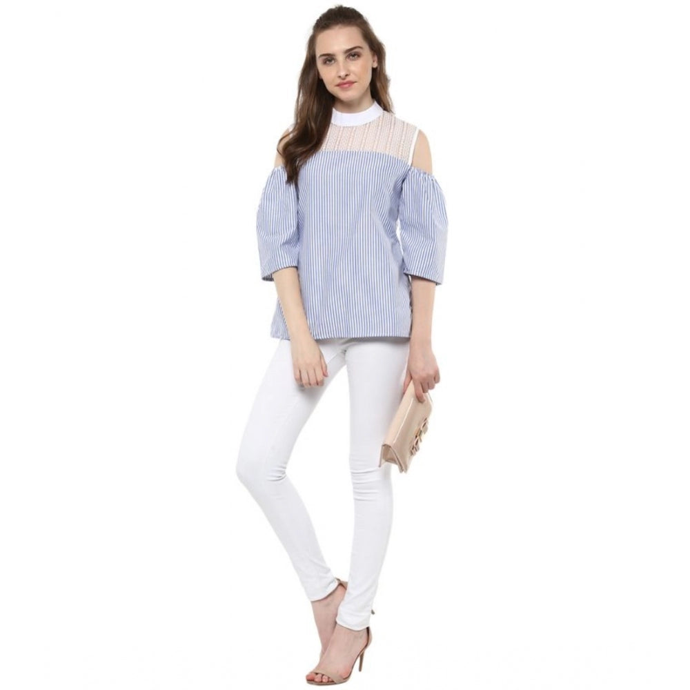 PKRKART Women's Cotton Striped Cold Shoulder Top (Blue)