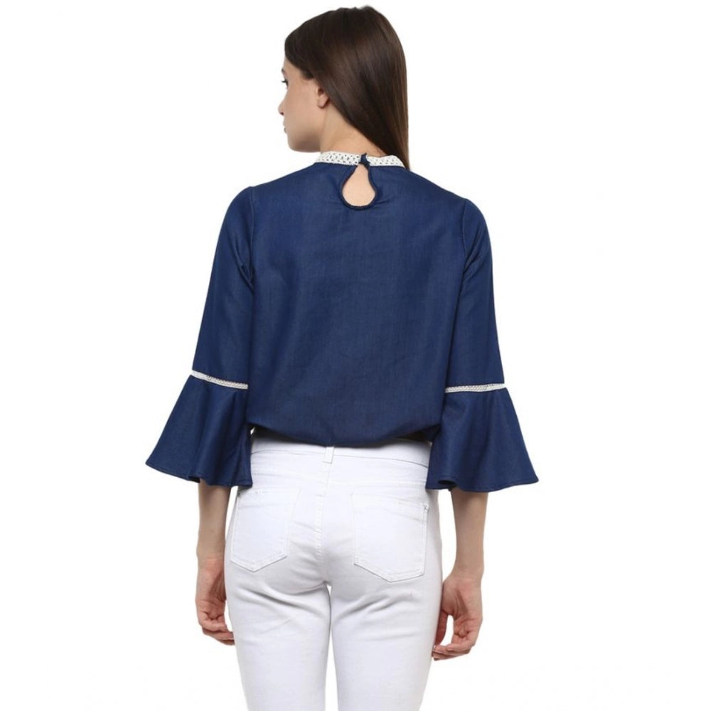 PKRKART Women's Polyester Solid Bell Sleeve Regular Top (Blue)