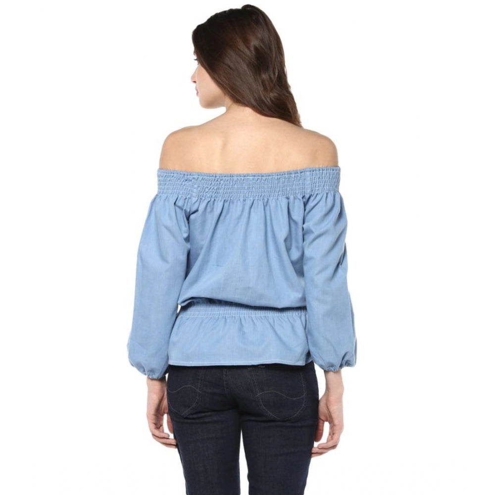PKRKART Women's Denim Solid 3-4th Sleeves Regular Top (Blue)