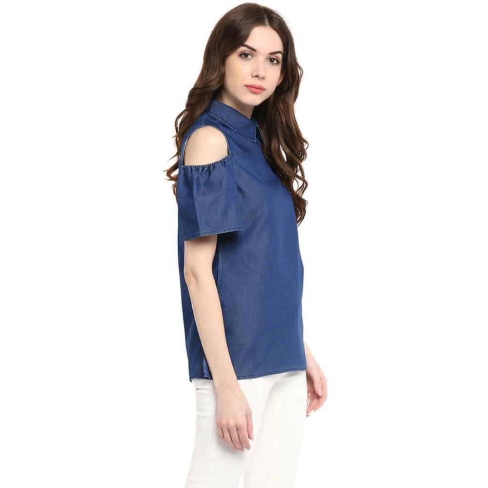 PKRKART Women's Denim Solid Cold Shoulder Regular Top (Blue)