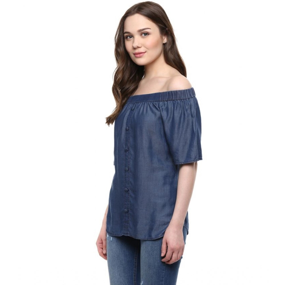 PKRKART Women's Denim Solid Short Sleeve Regular Top (Blue)