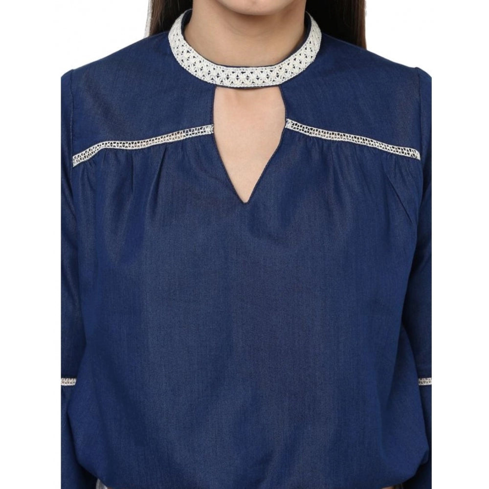 PKRKART Women's Polyester Solid Bell Sleeve Regular Top (Blue)