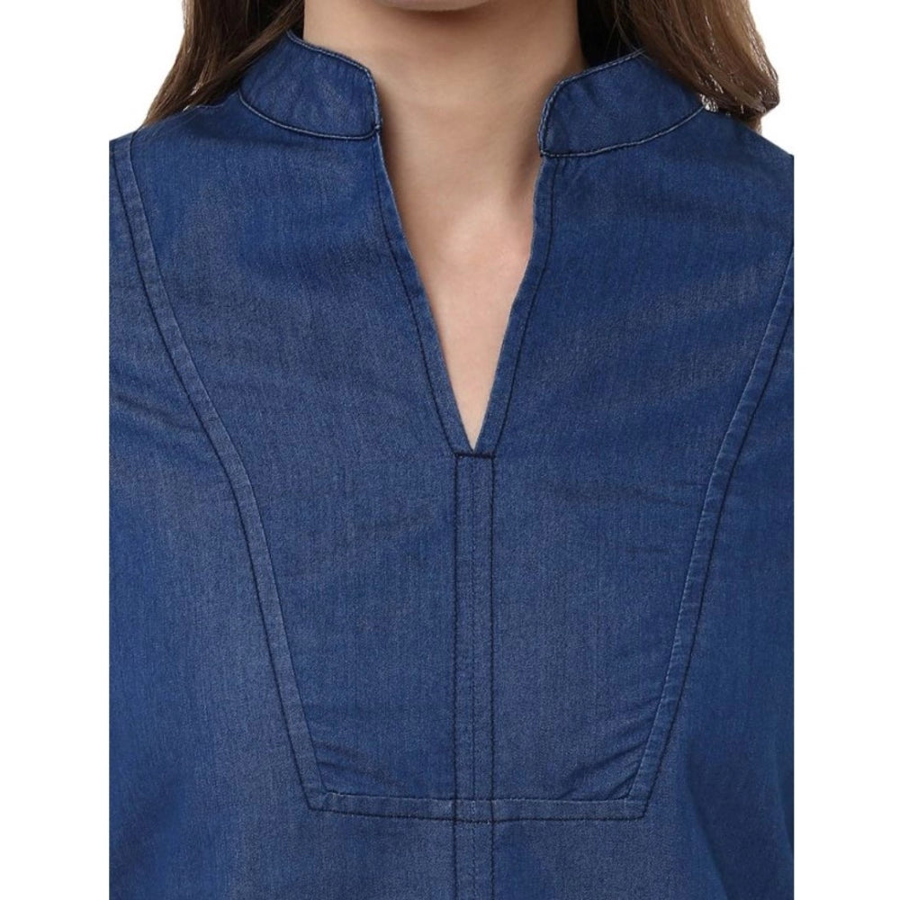 PKRKART Women's Denim Solid Bell Sleeve Regular Top (Blue Denim)