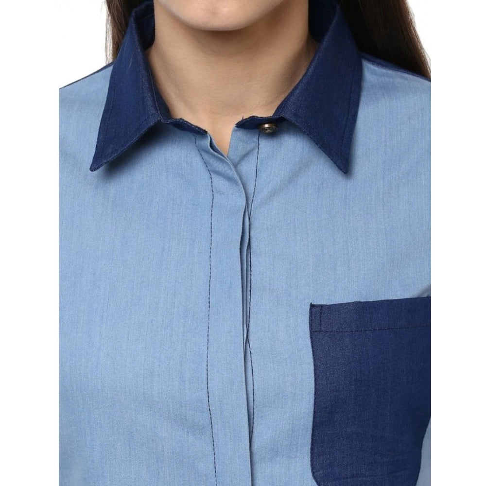PKRKART Women's Denim Patch Work Long Sleeves Regular Top (Blue)