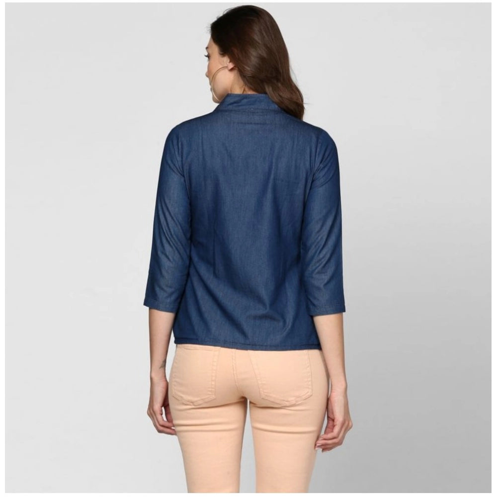 PKRKART Women's Denim Solid 3-4th Sleeves Top (Blue)