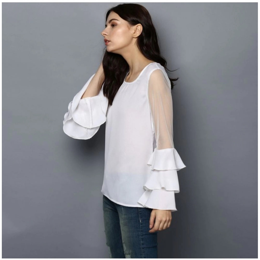 PKRKART Women's Polyester Solid Tier Sleeve Top (White)