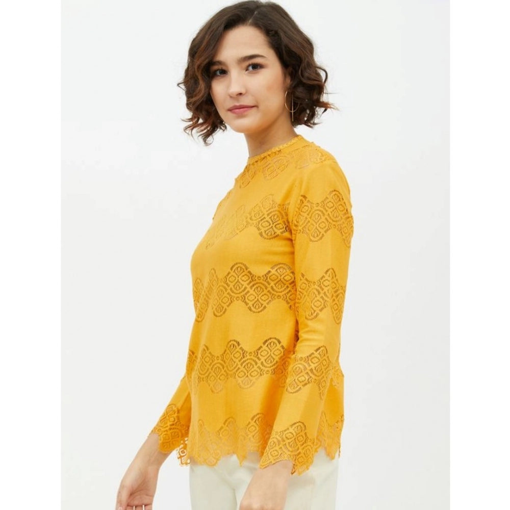 PKRKART Women's Cotton Lace Inserts Long Sleeves Top (Yellow)