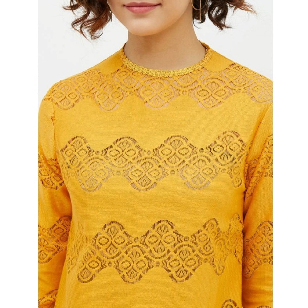 PKRKART Women's Cotton Lace Inserts Long Sleeves Top (Yellow)