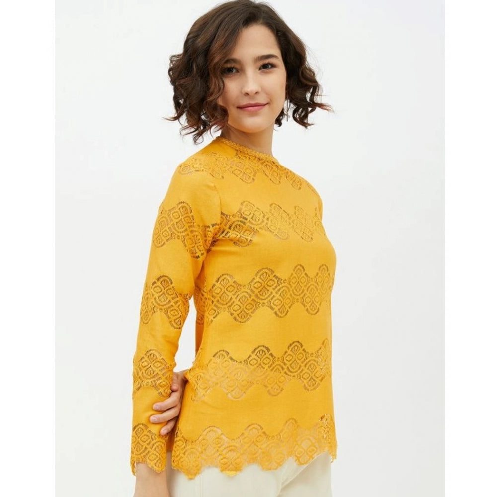 PKRKART Women's Cotton Lace Inserts Long Sleeves Top (Yellow)