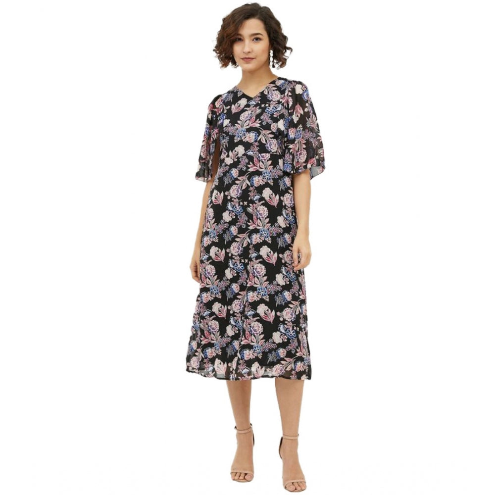 PKRKART Women's Polyester Chain Print Cap Sleeve Calf-length Dress (Multicolor)