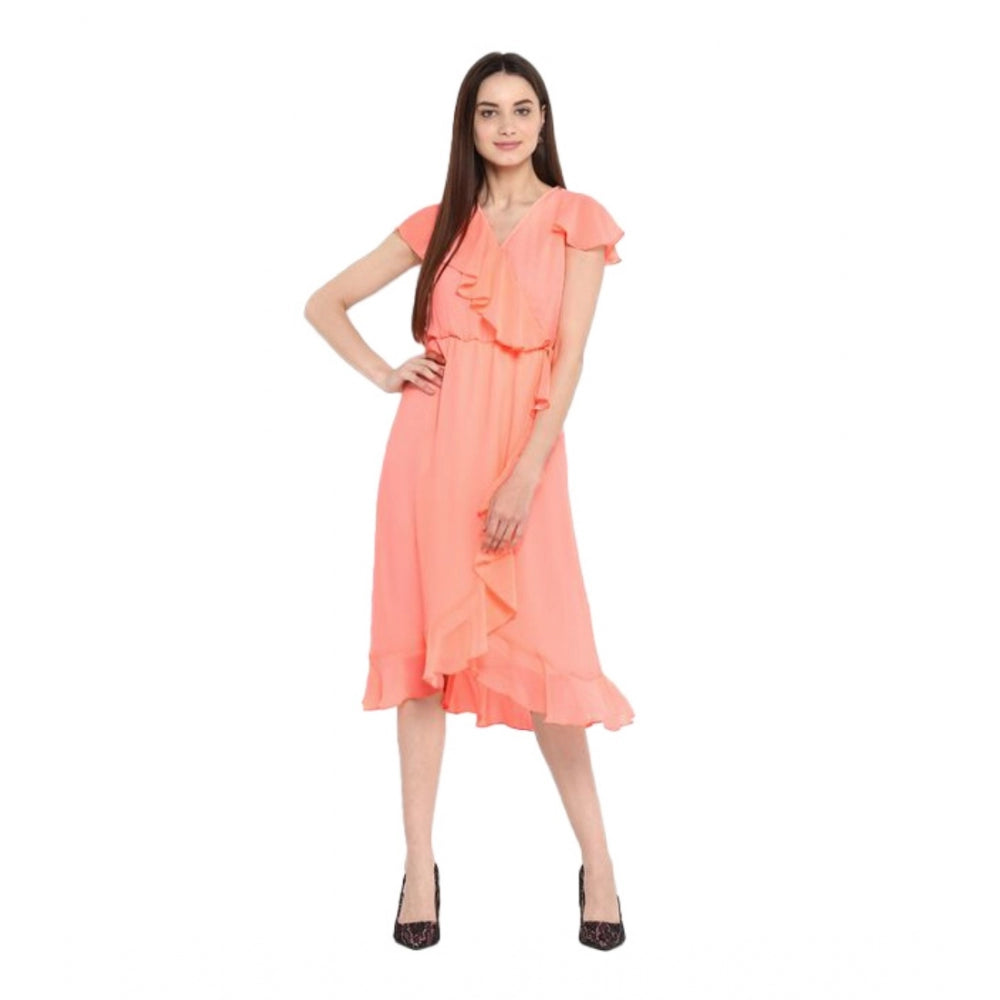 PKRKART Women's Polyester Ruffled Cap Sleeve Below Knee Dress (Neon Pink)