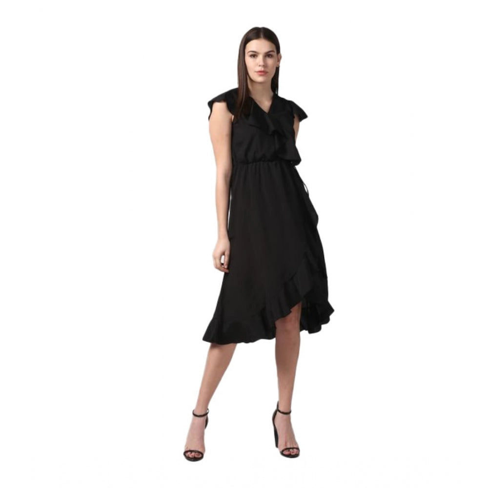 PKRKART Women's Polyester Ruffled Cap Sleeve Knee-Length Dress (Black)