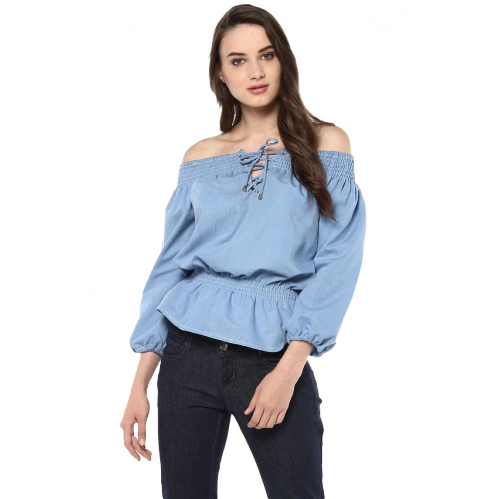 PKRKART Women's Denim Solid 3-4th Sleeves Regular Top (Blue)