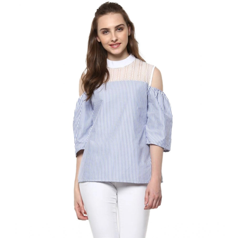 PKRKART Women's Cotton Striped Cold Shoulder Top (Blue)