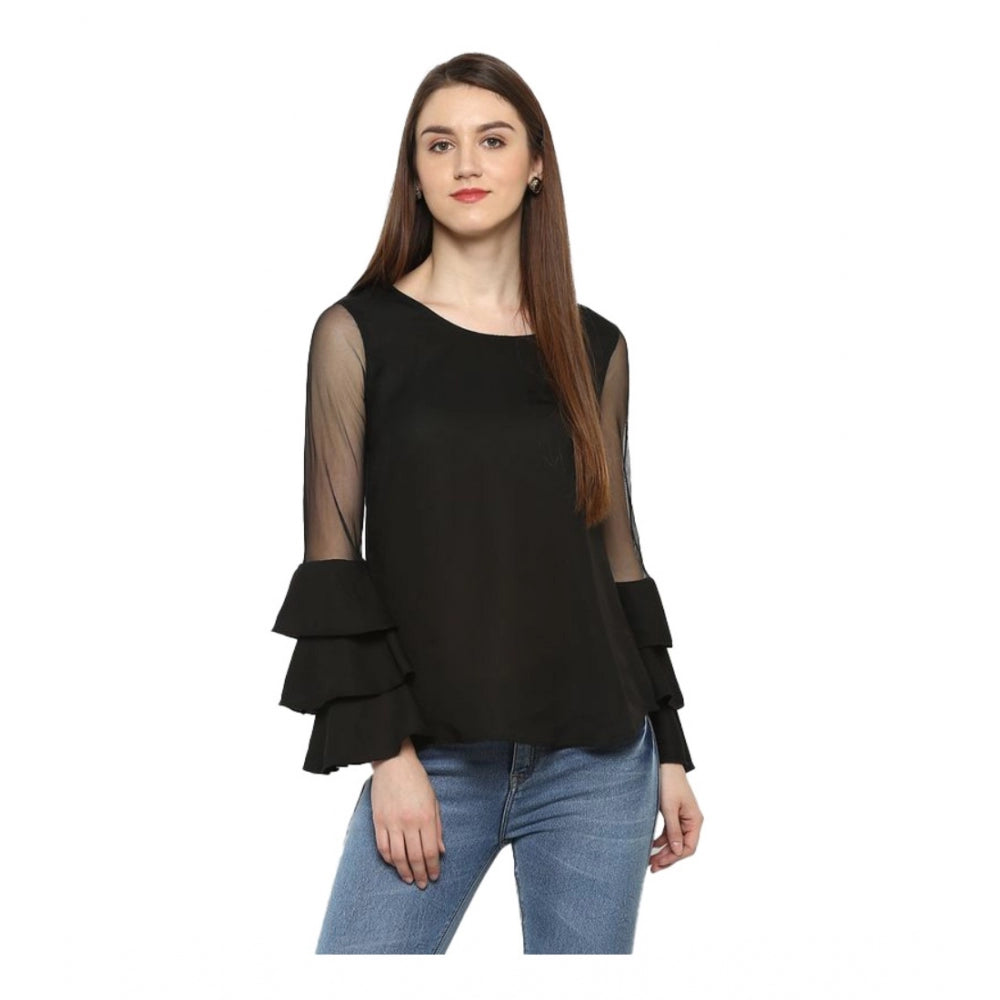 PKRKART Women's Polyester Solid Tier Sleeve Top (Black)