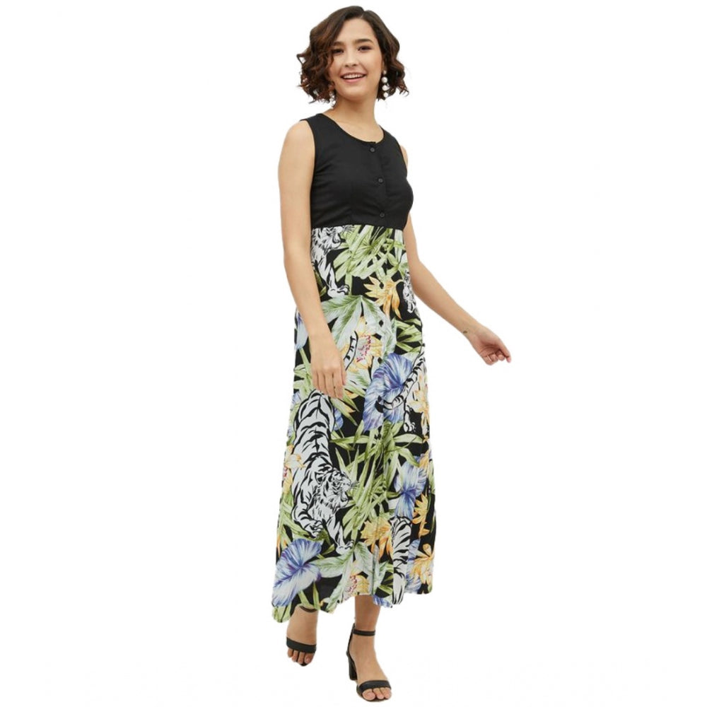 PKRKART Women's Rayon Floral Sleeveless Calf-length Dress (Multicolor)