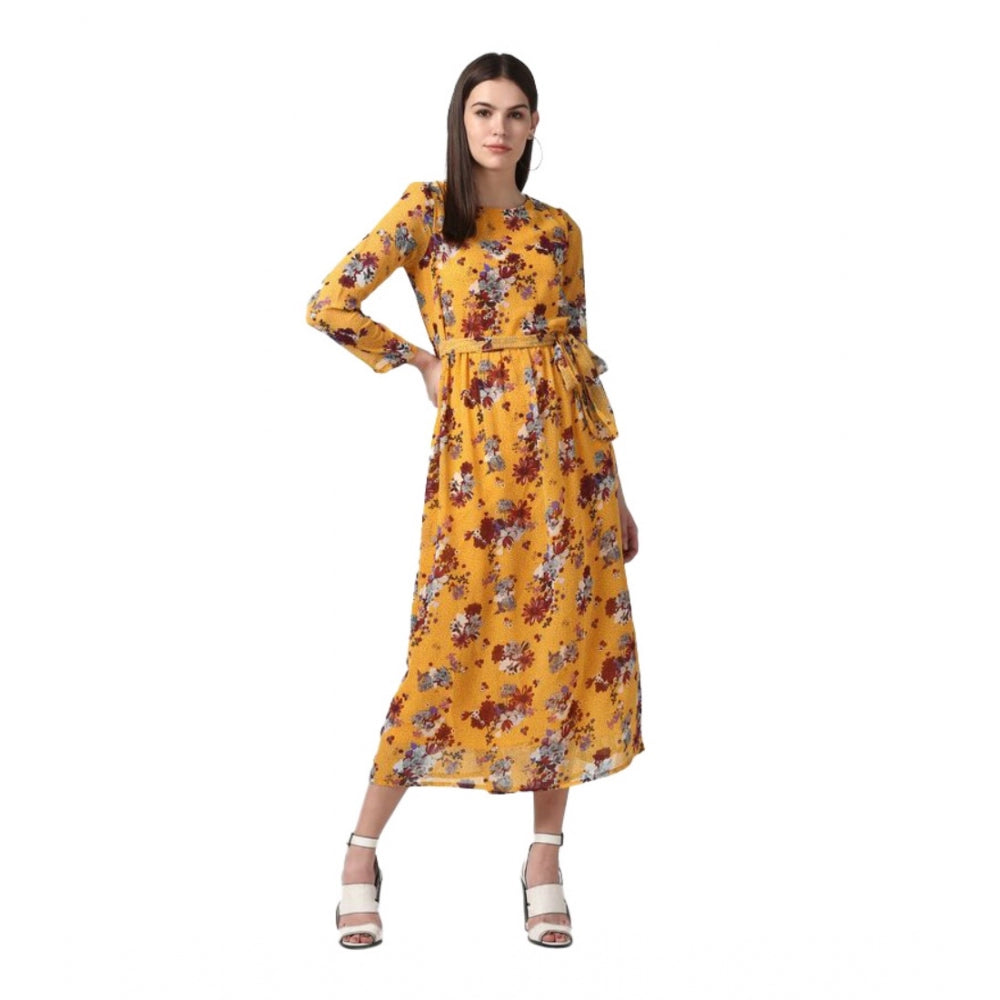 PKRKART Women's Polyester Floral Long Sleeves Calf-length Dress (Yellow)