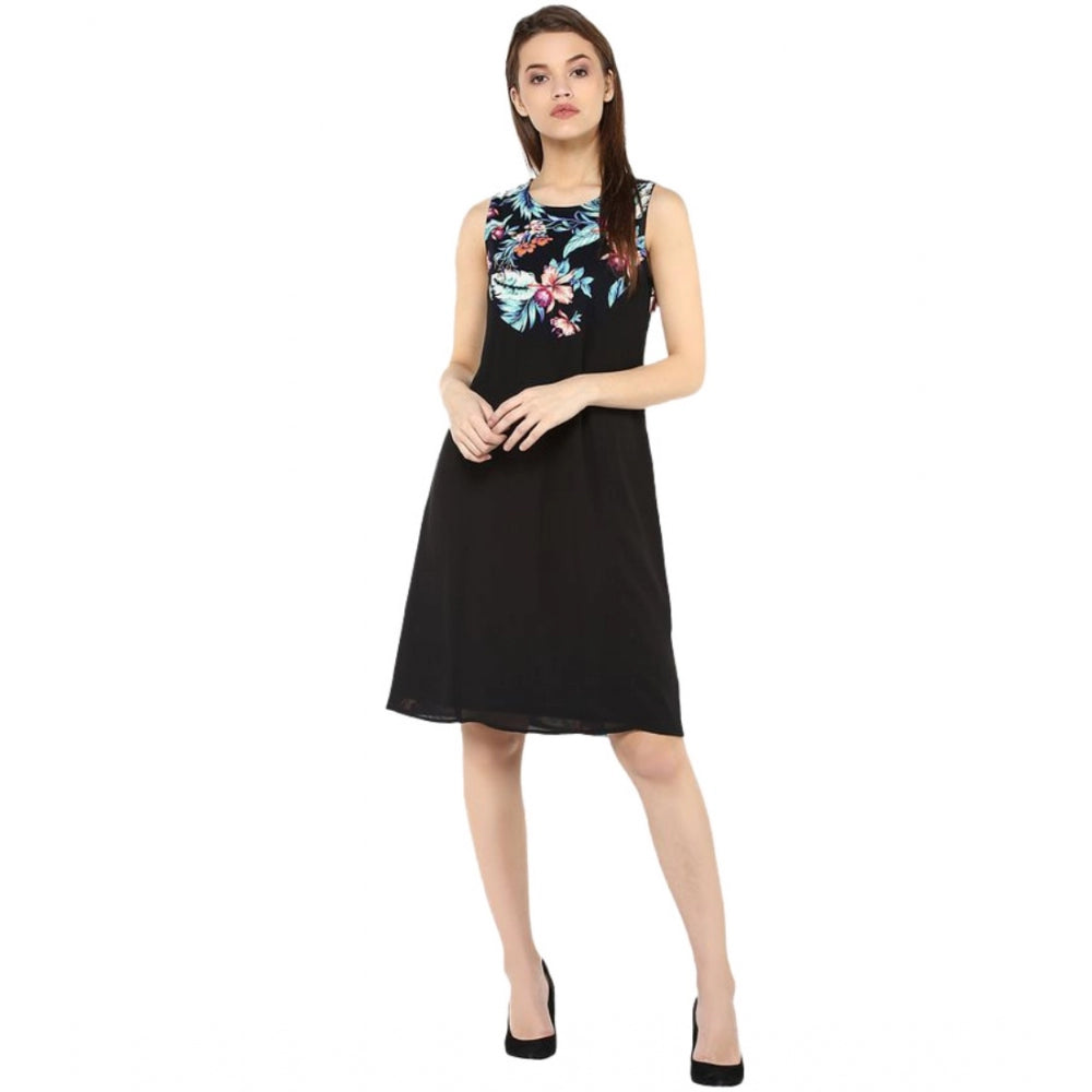 PKRKART Women's Polyester Printed Sleeveless Above Knee Dress (Black - Multicolor)