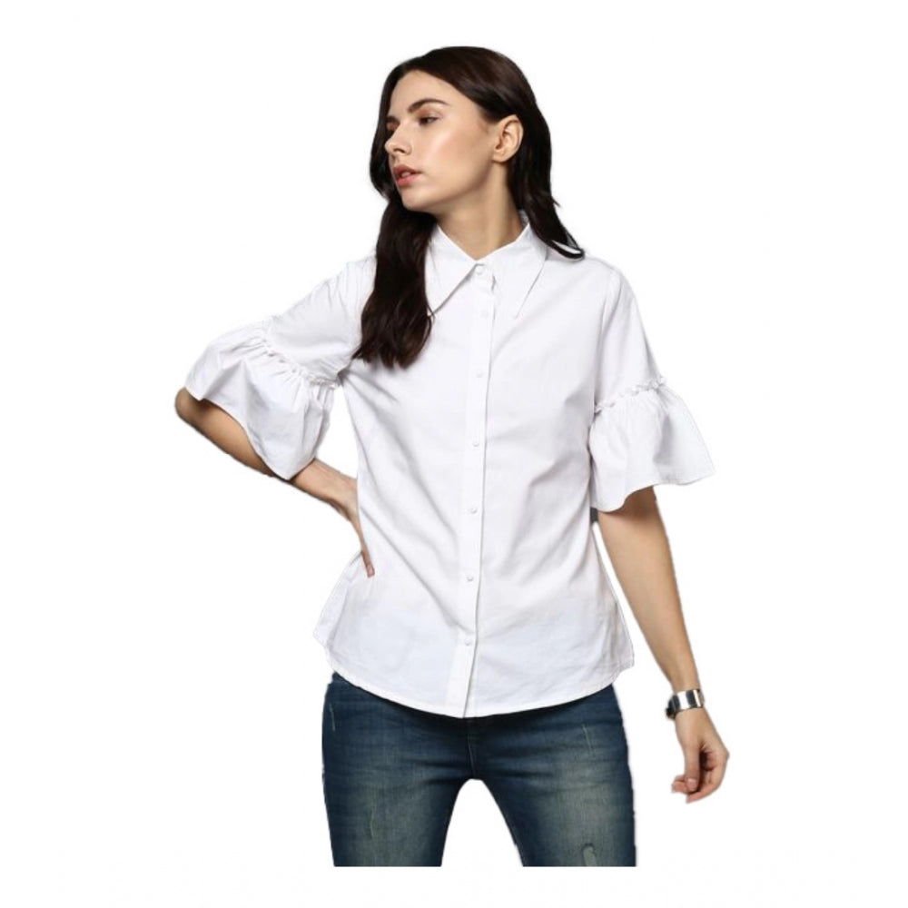PKRKART Women's Cotton Solid Bell Sleeve Top (White)