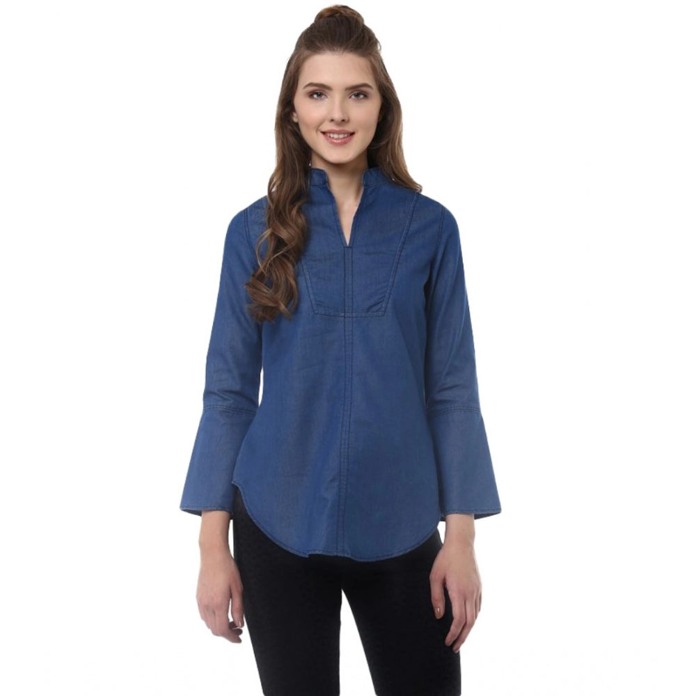PKRKART Women's Denim Solid Bell Sleeve Regular Top (Blue Denim)