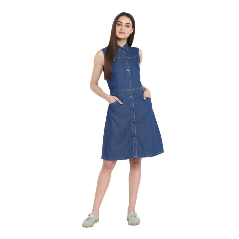 PKRKART Women's Denim Solid Sleeveless Above Knee Dress (Blue)