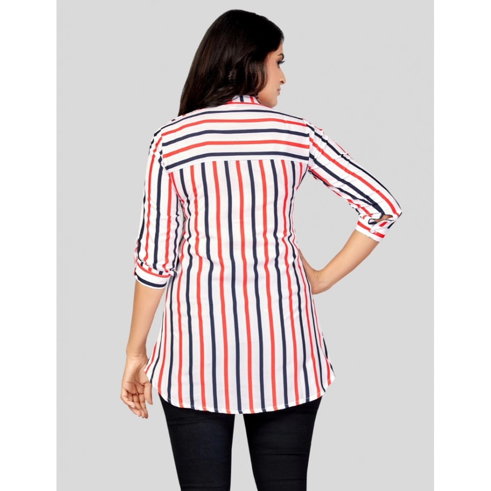 PKRKART Women's Poly Crepe Mandarin Collar 3/4 Sleeves Short Top (White)