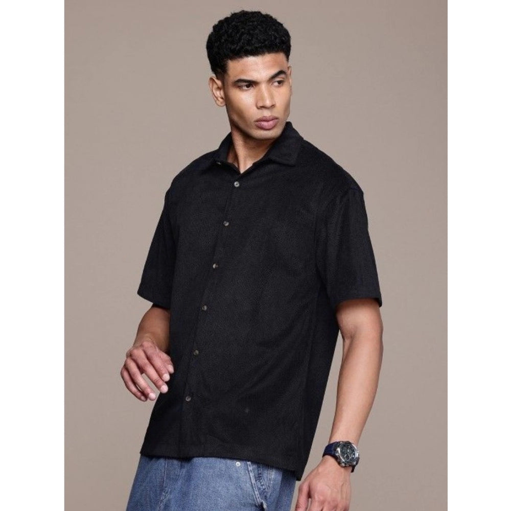 PKRKART Men's Cotton Blend Solid Half-Sleeve Regular Shirt (Black)