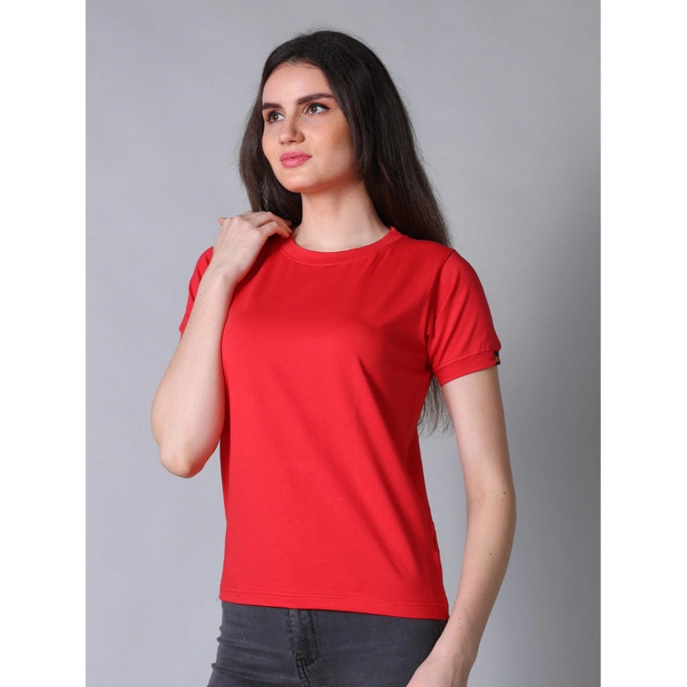 PKRKART Women's Cotton Blended Solid Round Neck Half Sleeve T-Shirt (Red)