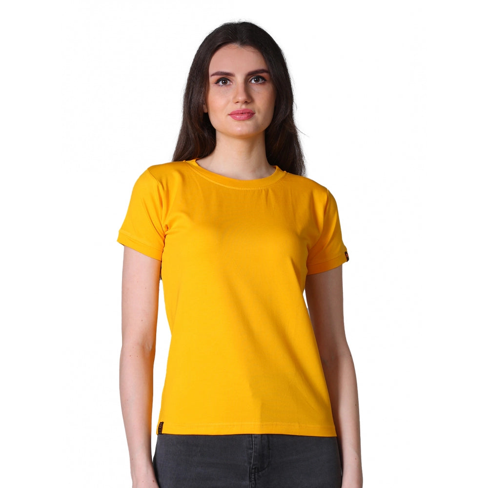 PKRKART Women's Cotton Blended Solid Round Neck Half Sleeve T-Shirt (Mustard)