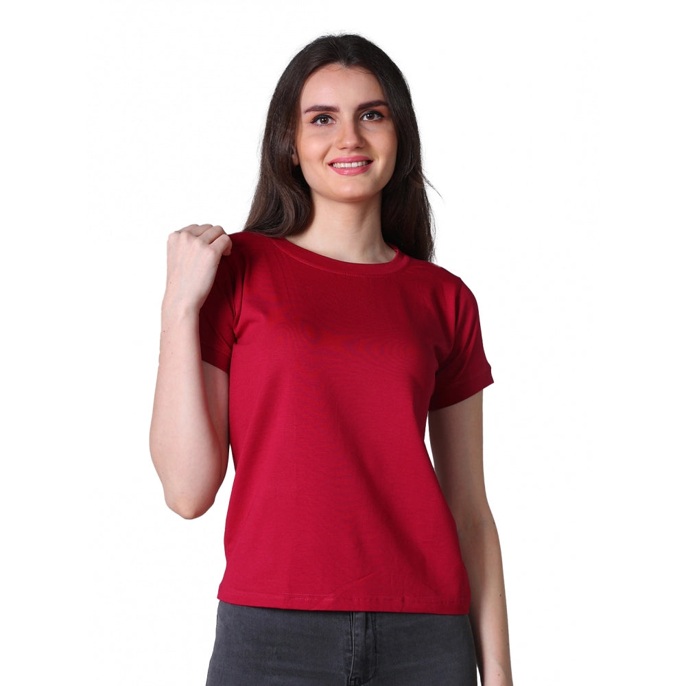 PKRKART Women's Cotton Blended Solid Round Neck Half Sleeve T-Shirt (Maroon)