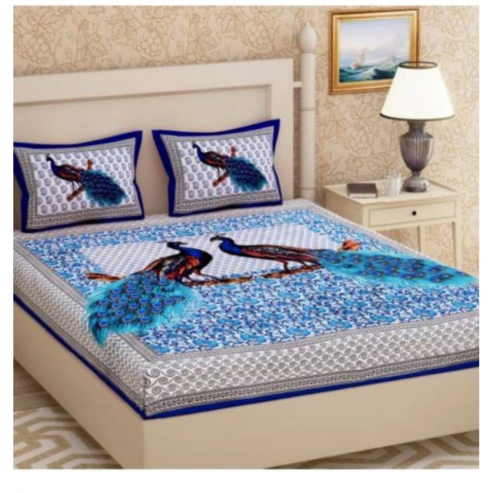 PKR Kart Cotton Printed Queen Size Bedsheet With 2 Pillow Covers (Blue, 90x100 Inch)