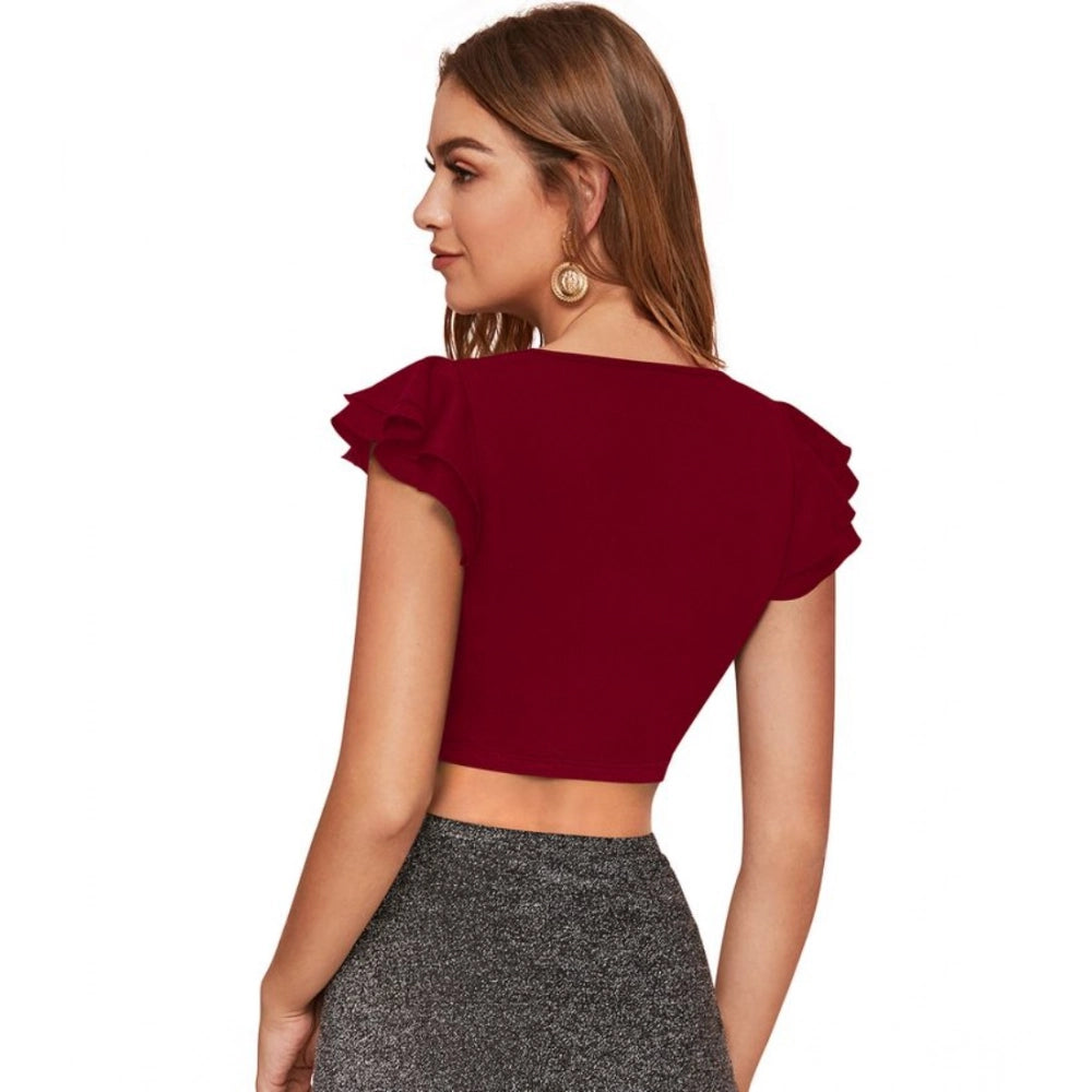 PKRKART Women's Polyester Solid Short Sleeves V Neck Top (Maroon)