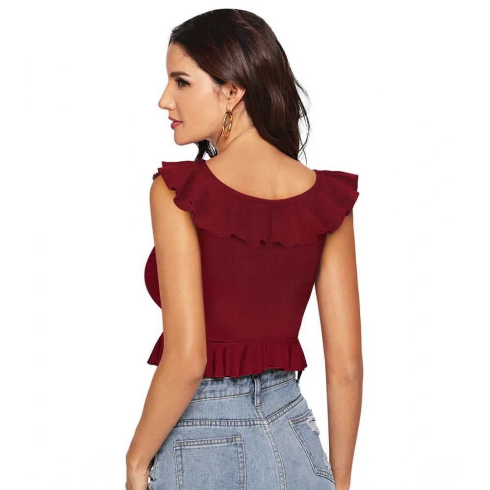 PKRKART Women's Polyester Solid Sleeveless Ruffle Neck Top (Maroon)