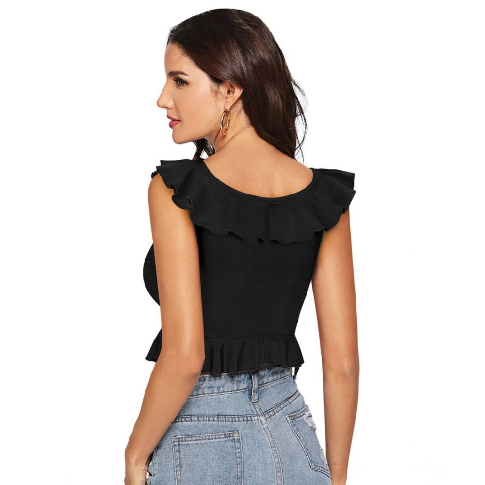 PKRKART Women's Polyester Solid Sleeveless Ruffle Neck Top (Black)