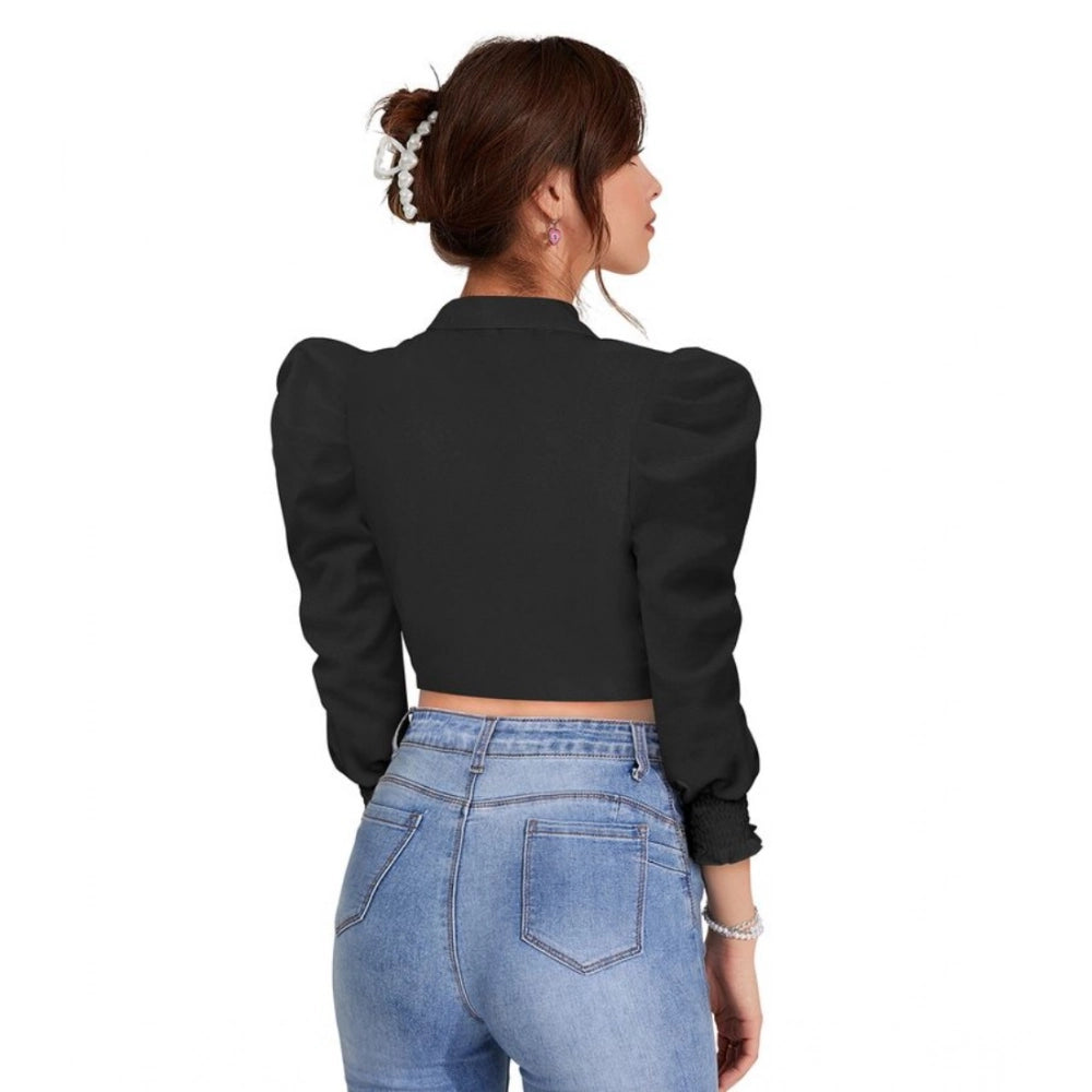 PKRKART Women's Polyester Solid Puff Sleeves Lapel Collar Top (Black)