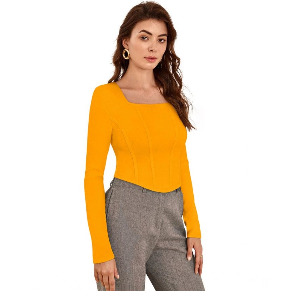 PKRKART Women's Polyester Solid Full Sleeves Square Neck Top (Yellow)