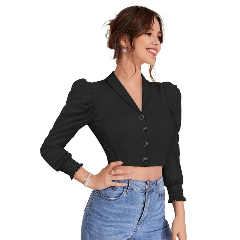 PKRKART Women's Polyester Solid Puff Sleeves Lapel Collar Top (Black)