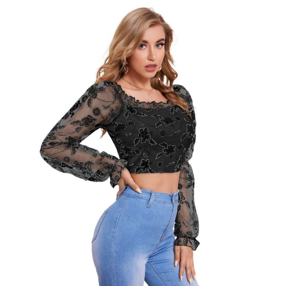 PKRKART Women's Polyester Solid Full Sleeves Square Collar Top (Black)