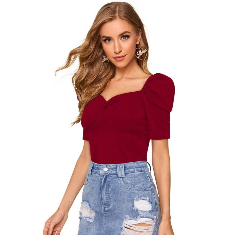 PKRKART Women's Polyester Solid Puff Short Sleeves Sweetheart Neck Top (Maroon)