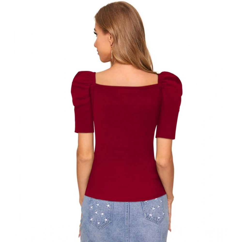PKRKART Women's Polyester Solid Puff Short Sleeves Sweetheart Neck Top (Maroon)