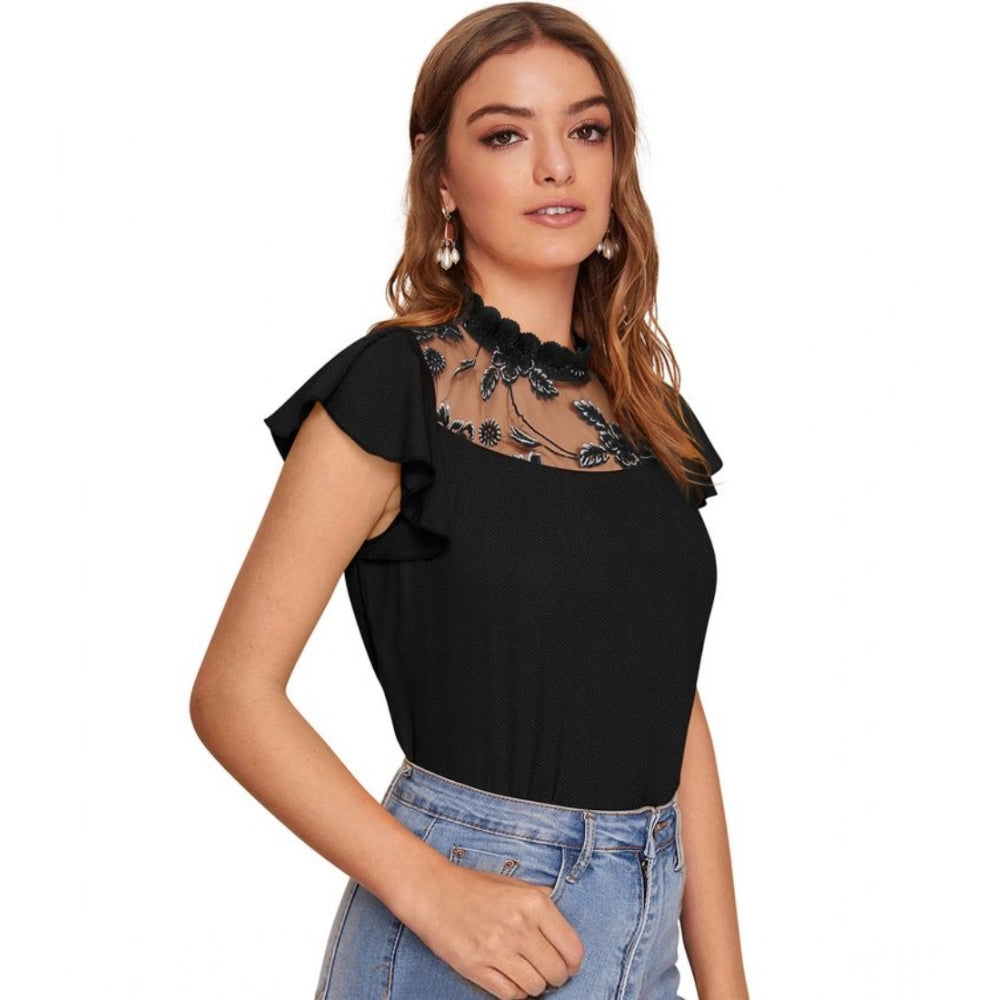 PKRKART Women's Polyester Solid Cap Sleeve Sweetheart Neck Top (Black)