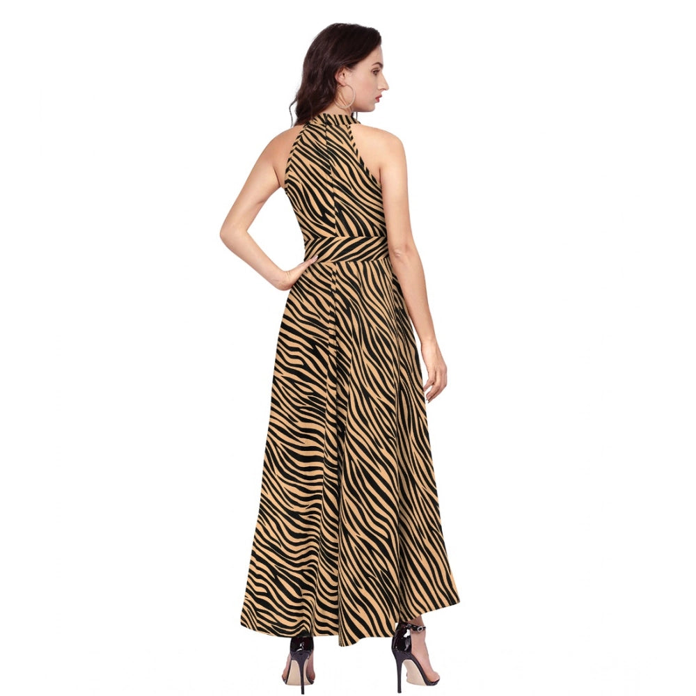PKRKART Women's Polyester Zebra Pattern Halter Neck Sleeveless Dress (Yellow)